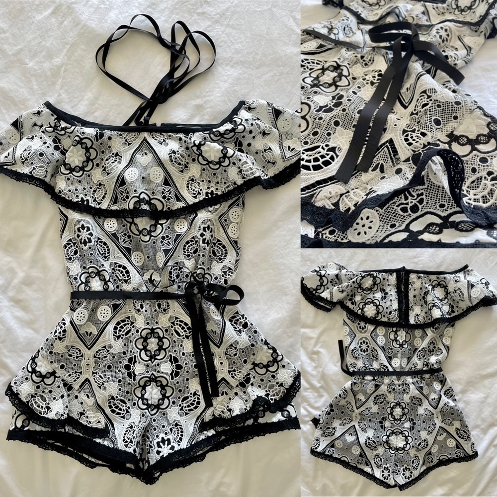 Alexis Off Shoulder Black and White Romper XS, New